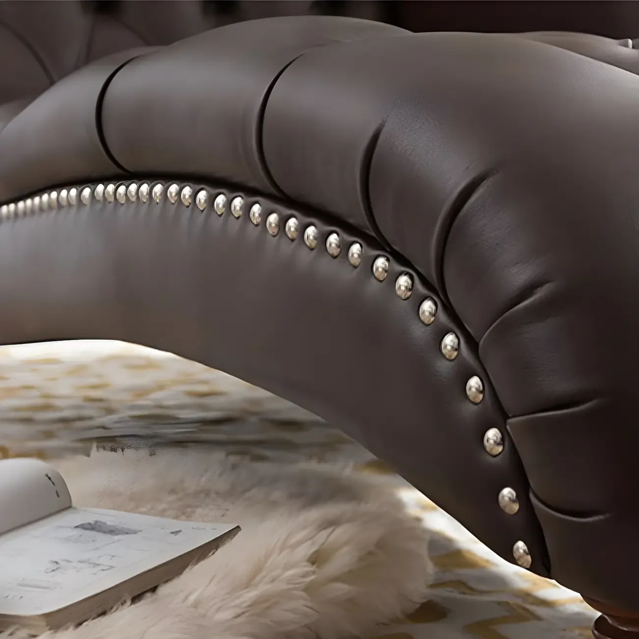Traditional Genuine Leather Tufted One Armed Chaise Lounge Image - 10