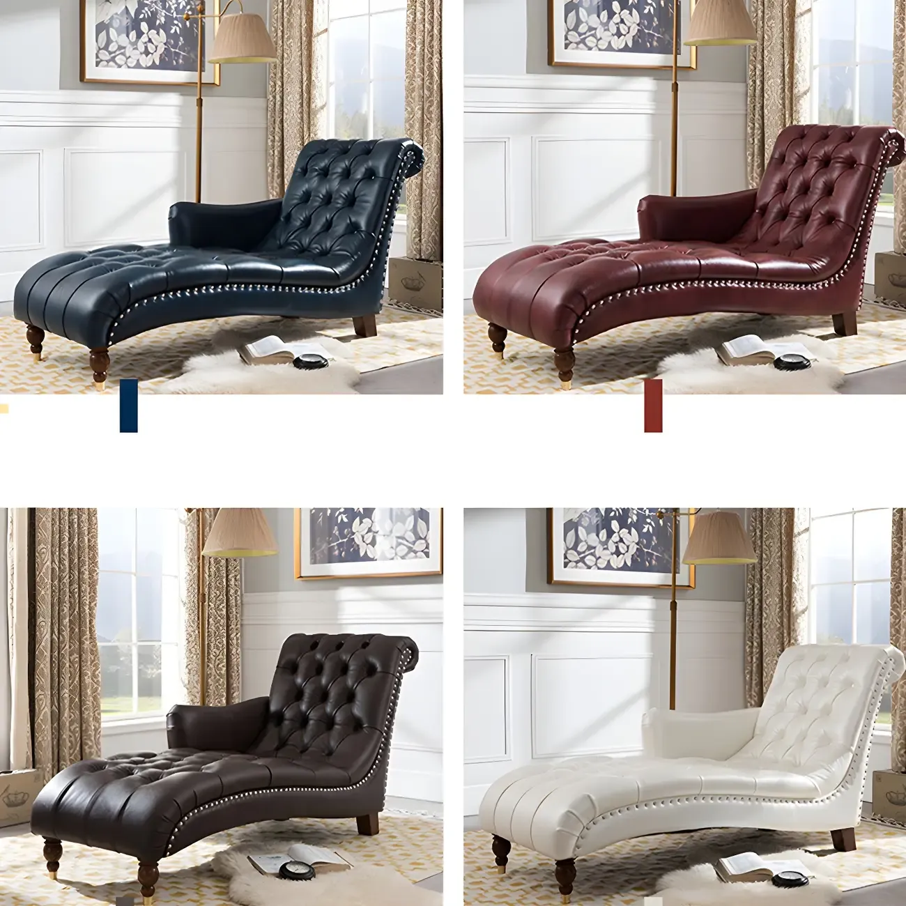 Traditional Genuine Leather Tufted One Armed Chaise Lounge Image - 11