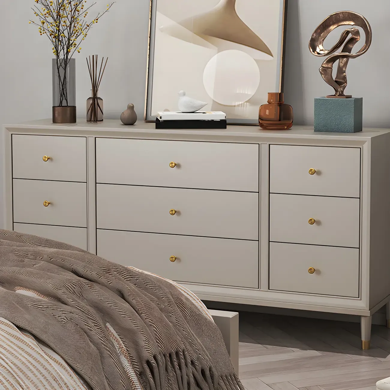 Stylish Silver Wooden Dressers with Gold Handle & Drawers Image - 4