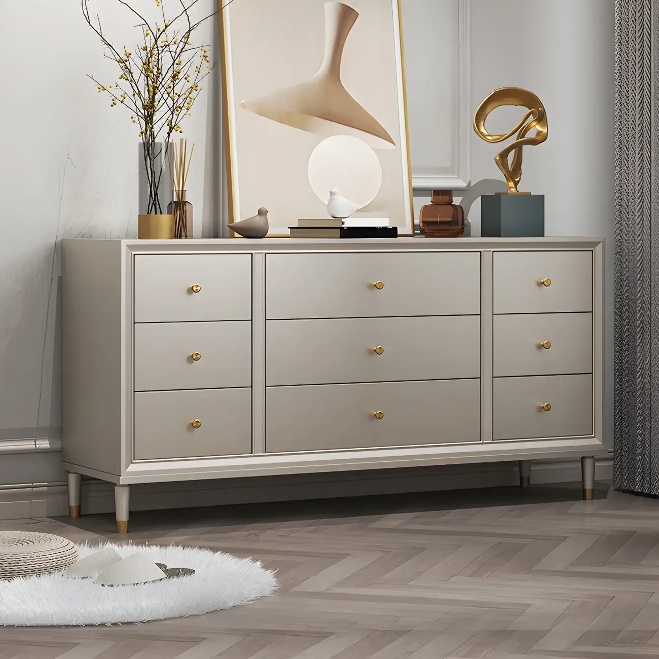 Stylish Silver Wooden Dressers with Gold Handle & Drawers Image - 6