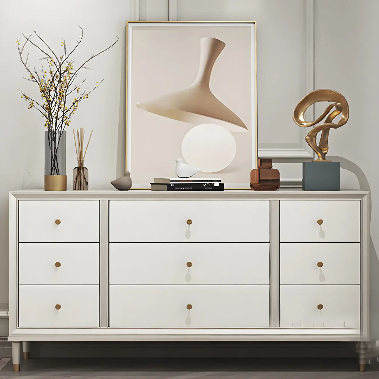 Stylish Silver Wooden Dressers with Gold Handle & Drawers Image - 8 | homeyfad