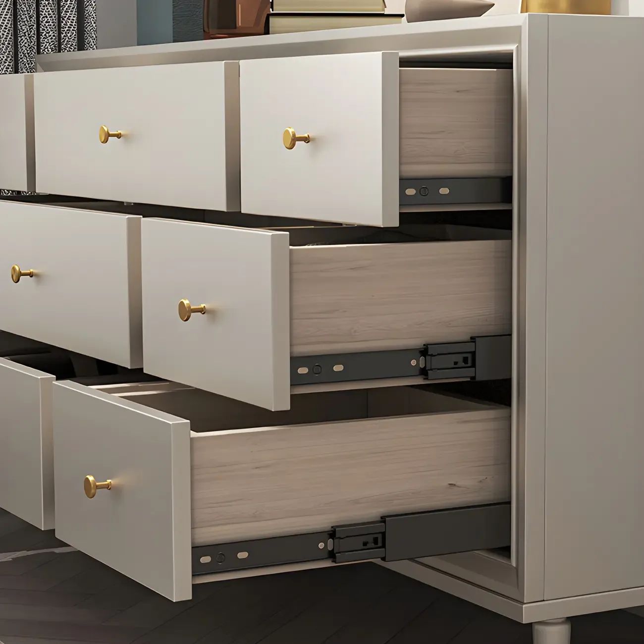 Stylish Silver Wooden Dressers with Gold Handle & Drawers Image - 10