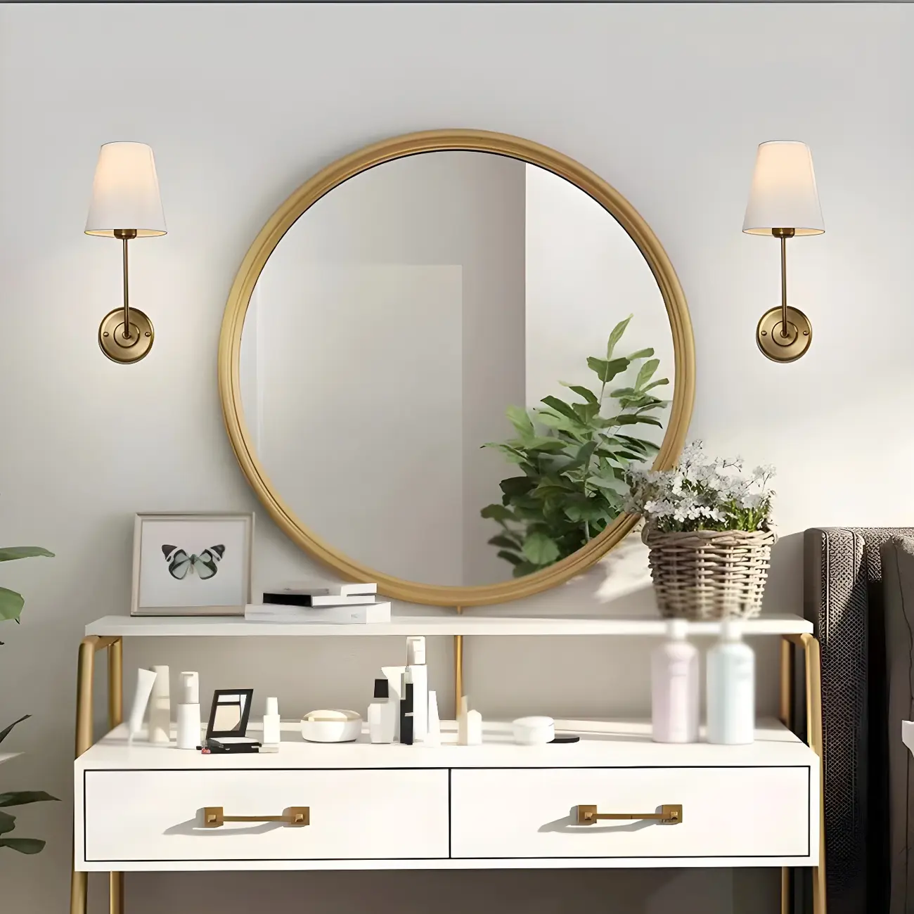 Modern Brass Glam Vanity Light with Fabric Shade | homeyfad