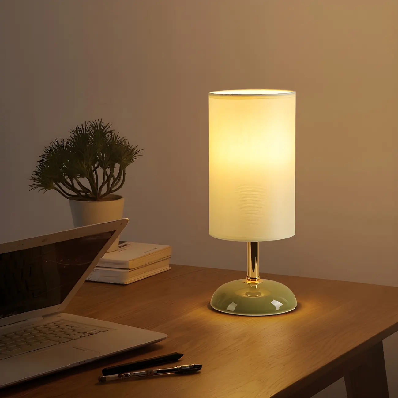 Simple White Cylindrical Fabric Shade LED Ceramic Table Lamp Image - 1 | homeyfad