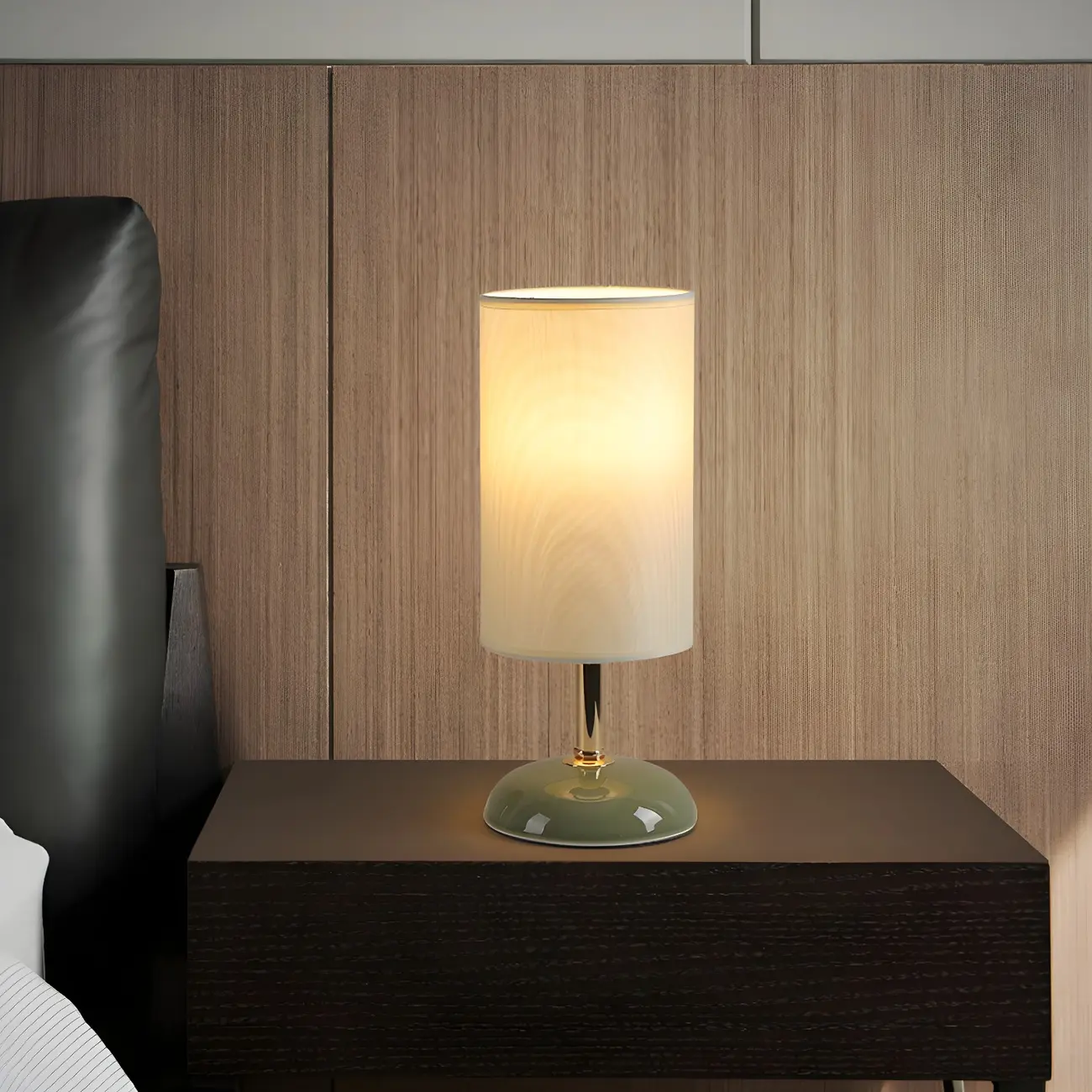 Simple White Cylindrical Fabric Shade LED Ceramic Table Lamp Image - 5 | homeyfad