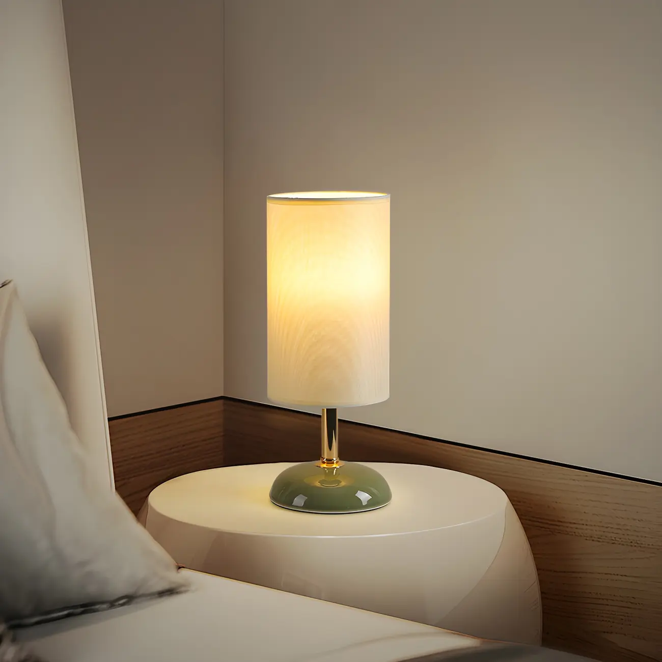 Simple White Cylindrical Fabric Shade LED Ceramic Table Lamp Image - 2 | homeyfad
