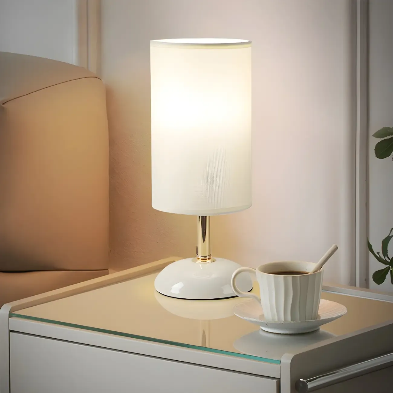 Simple White Cylindrical Fabric Shade LED Ceramic Table Lamp Image - 3
