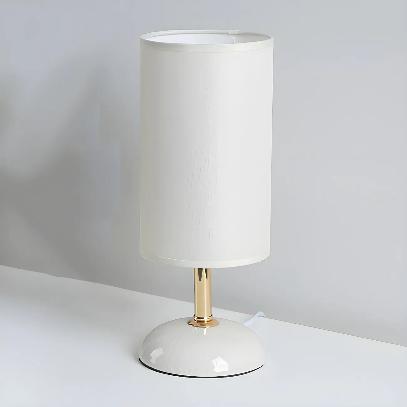 Simple White Cylindrical Fabric Shade LED Ceramic Table Lamp Image - 12 | homeyfad