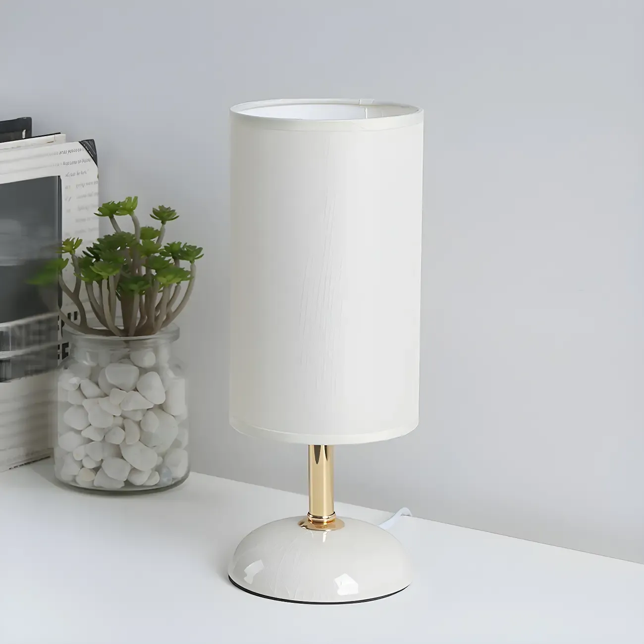 Simple White Cylindrical Fabric Shade LED Ceramic Table Lamp Image - 13