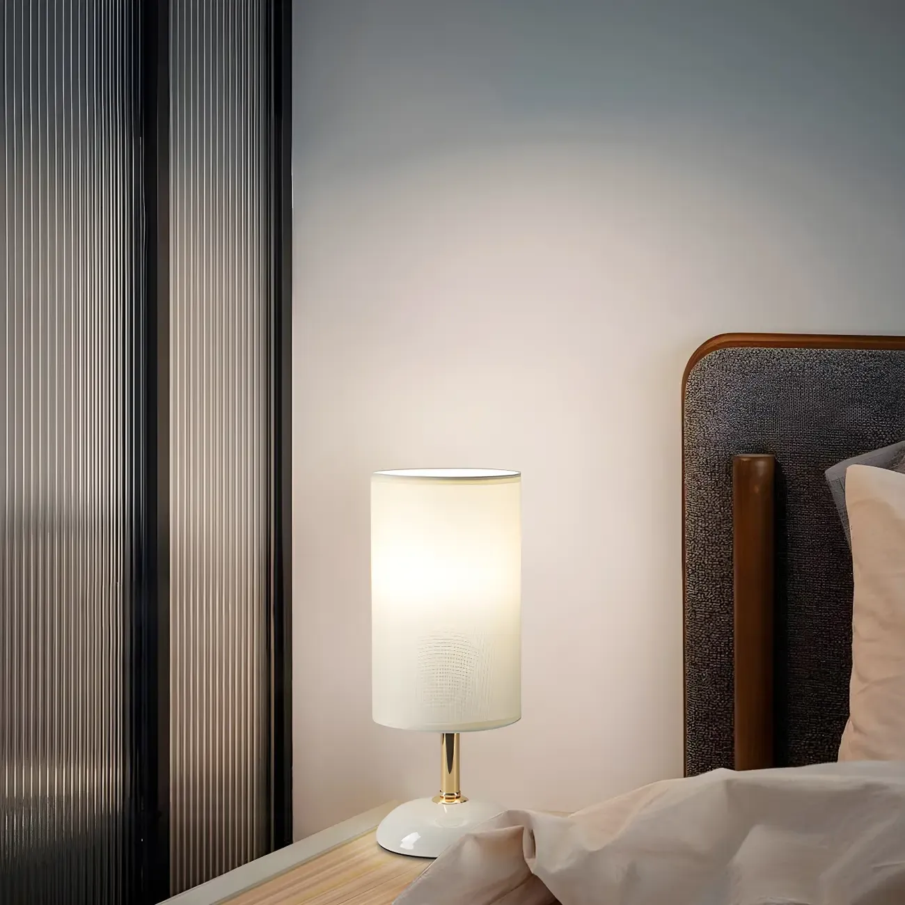 Simple White Cylindrical Fabric Shade LED Ceramic Table Lamp Image - 4