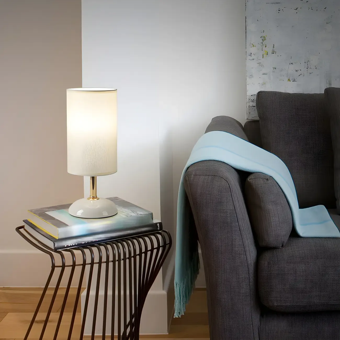 Simple White Cylindrical Fabric Shade LED Ceramic Table Lamp Image - 14