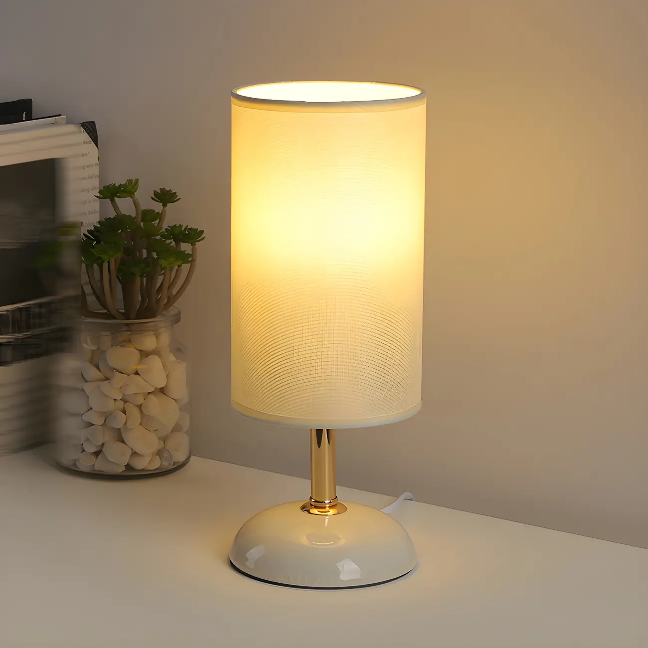 Simple White Cylindrical Fabric Shade LED Ceramic Table Lamp Image - 6 | homeyfad