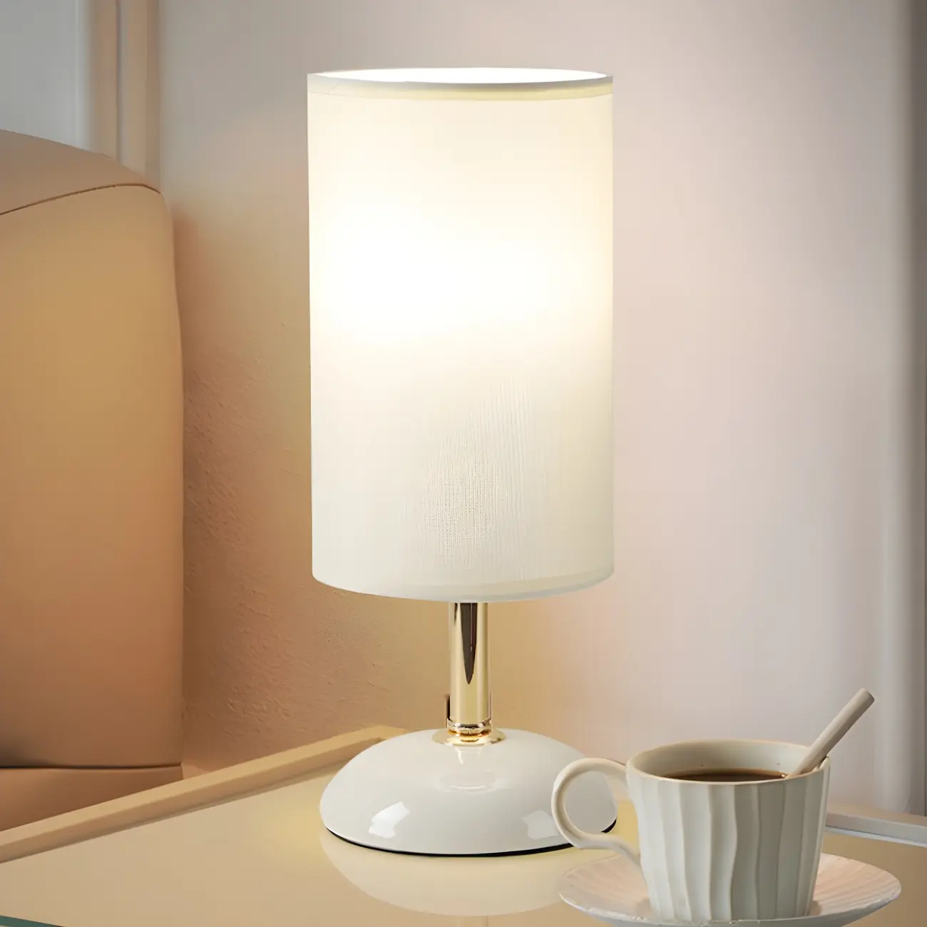 Simple White Cylindrical Fabric Shade LED Ceramic Table Lamp Image - 10 | homeyfad