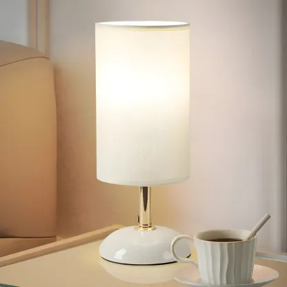 Simple White Cylindrical Fabric Shade LED Ceramic Table Lamp Image - 10