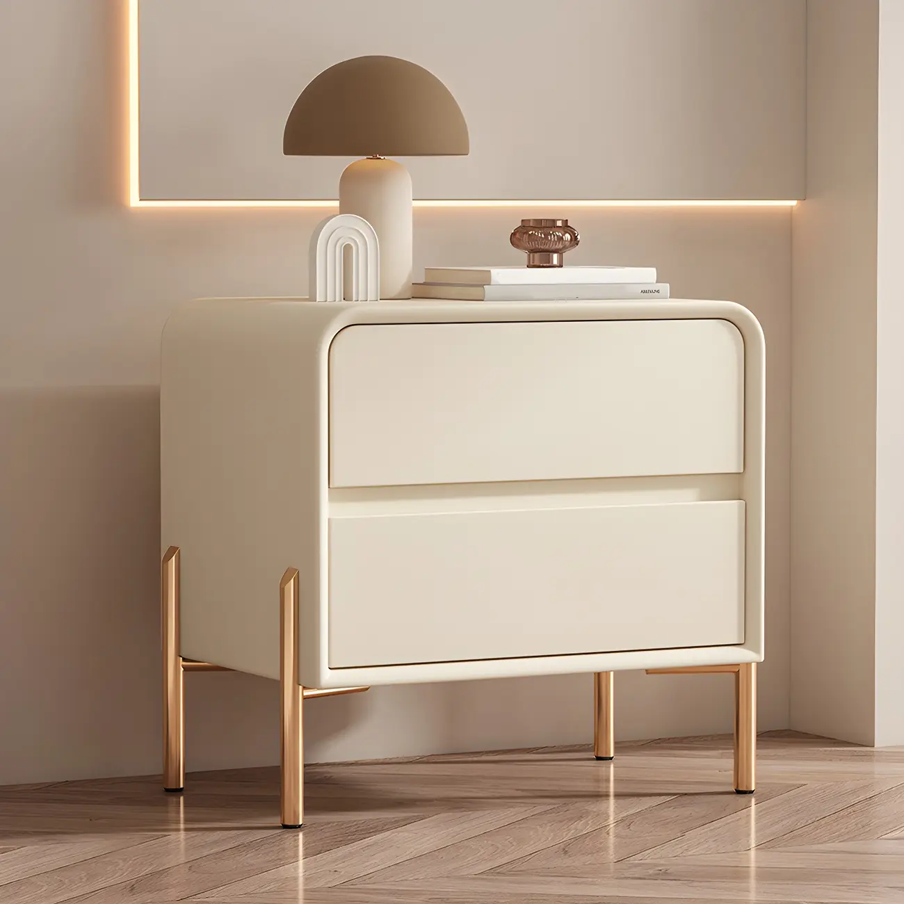 Morandi Short Leather Wood 2 Tiers Nightstand with Legs Image - 1 | homeyfad