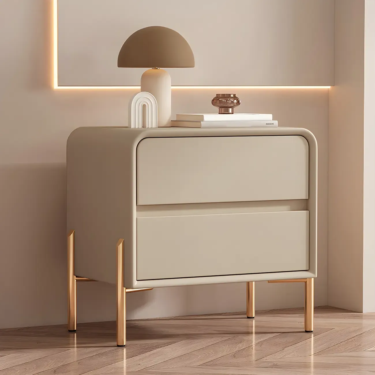 Morandi Short Leather Wood 2 Tiers Nightstand with Legs Image - 3