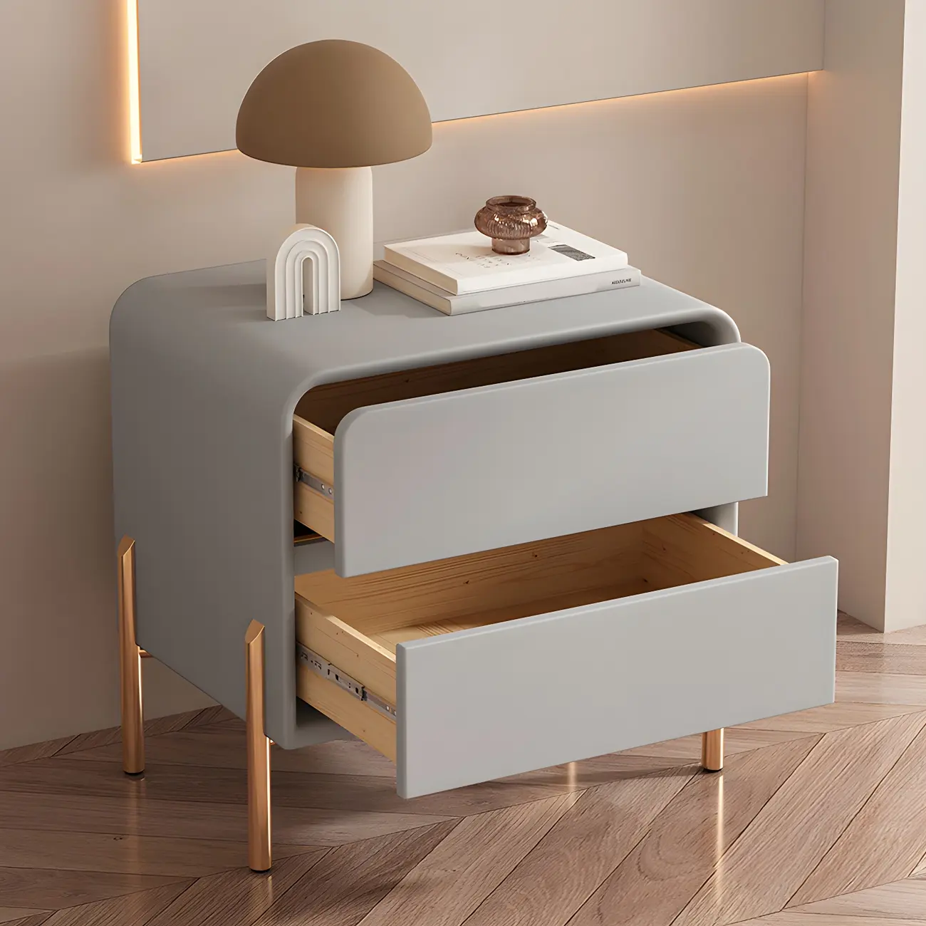 Morandi Short Leather Wood 2 Tiers Nightstand with Legs Image - 2 | homeyfad