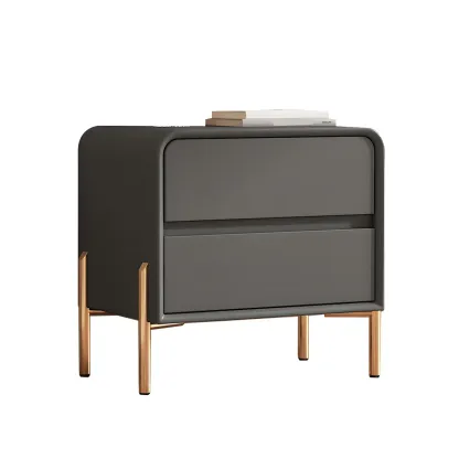 Morandi Short Leather Wood 2 Tiers Nightstand with Legs Image - 15