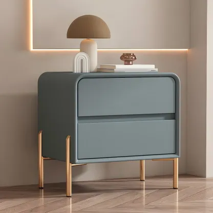 Morandi Short Leather Wood 2 Tiers Nightstand with Legs Image - 4