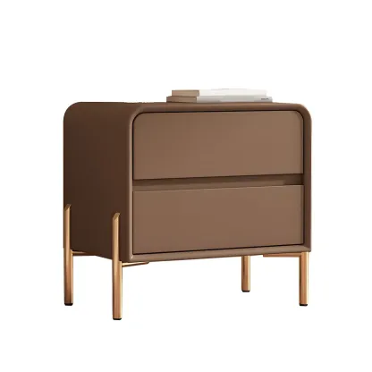 Morandi Short Leather Wood 2 Tiers Nightstand with Legs Image - 20