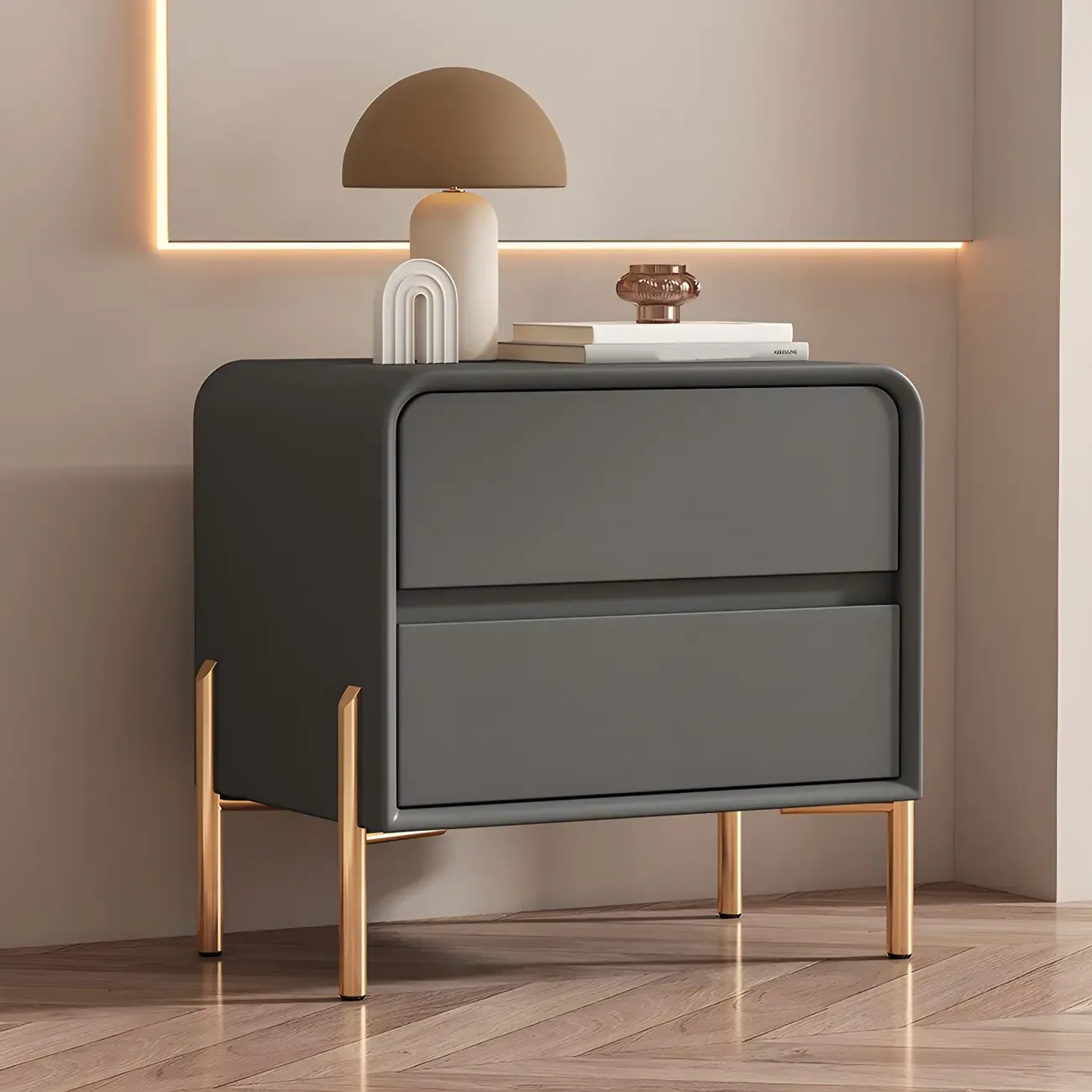 Morandi Short Leather Wood 2 Tiers Nightstand with Legs Image - 5