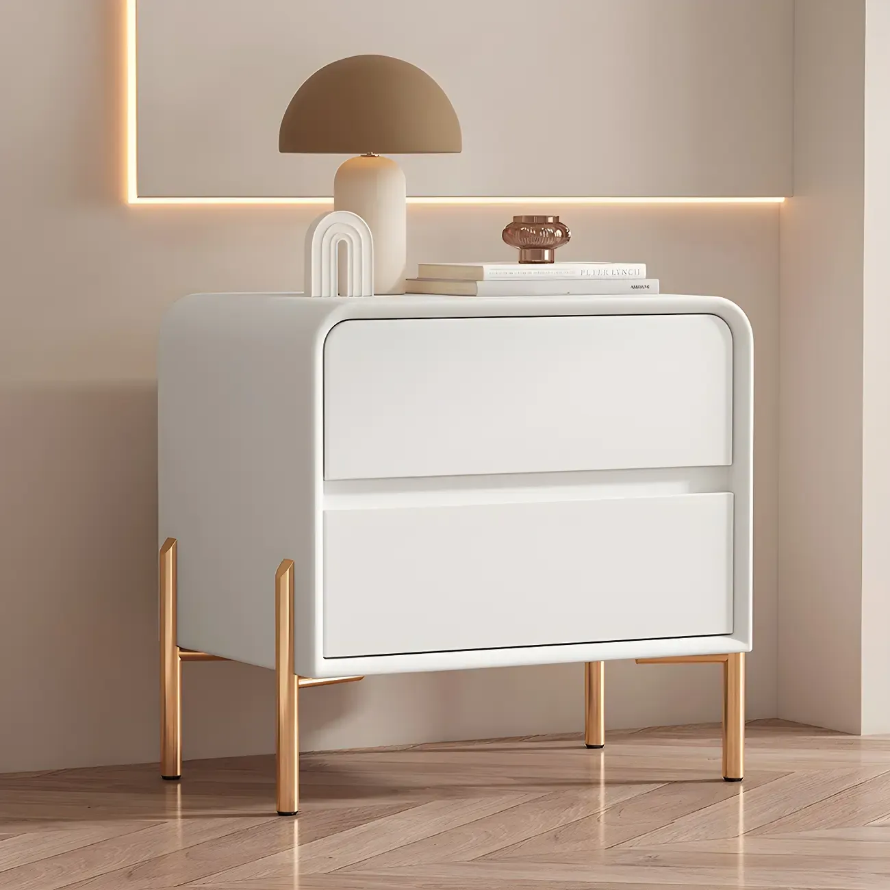 Morandi Short Leather Wood 2 Tiers Nightstand with Legs Image - 7