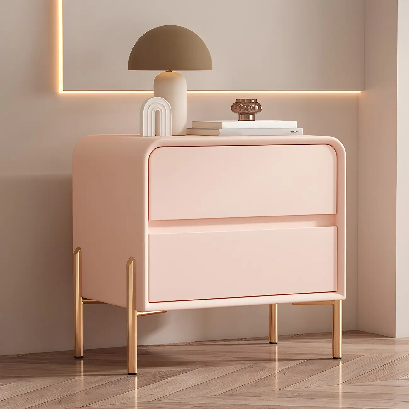 Morandi Short Leather Wood 2 Tiers Nightstand with Legs Image - 11 | homeyfad