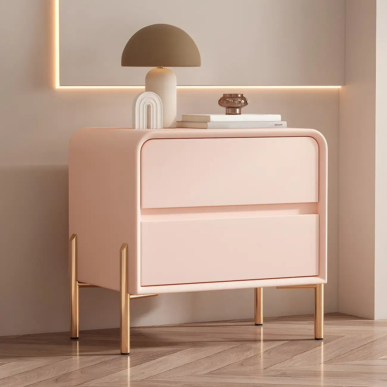 Morandi Short Leather Wood 2 Tiers Nightstand with Legs Image - 11