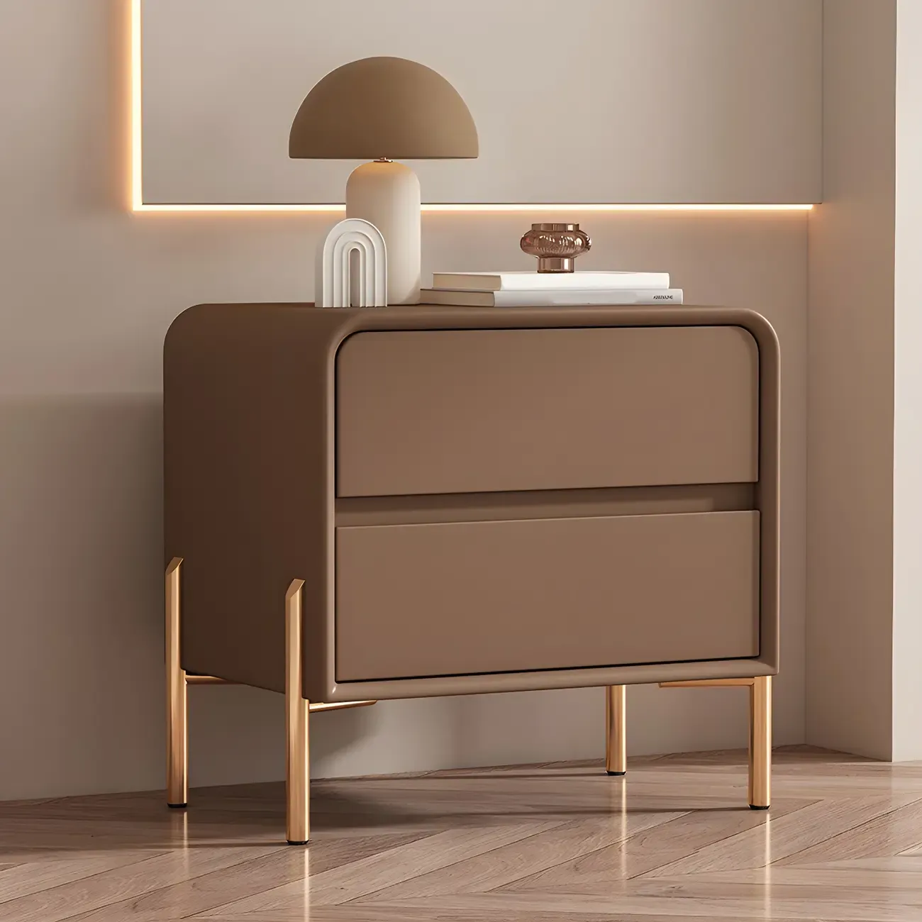 Morandi Short Leather Wood 2 Tiers Nightstand with Legs Image - 8