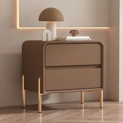 Morandi Short Leather Wood 2 Tiers Nightstand with Legs Image - 8