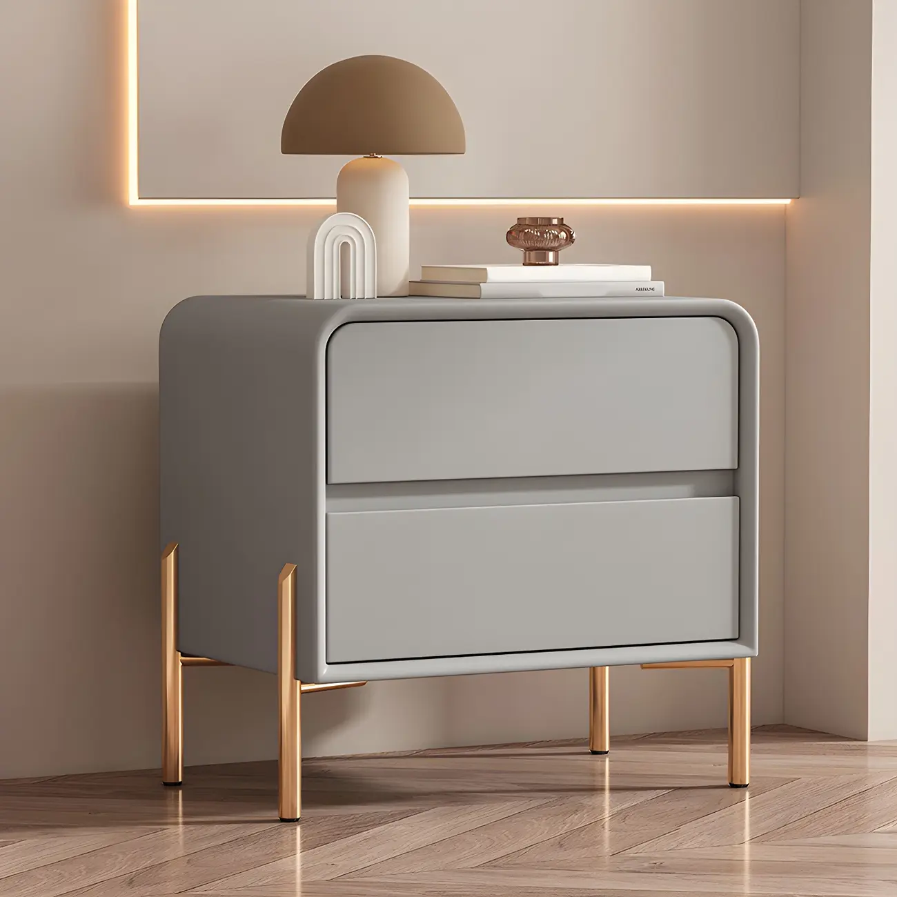 Morandi Short Leather Wood 2 Tiers Nightstand with Legs Image - 10 | homeyfad