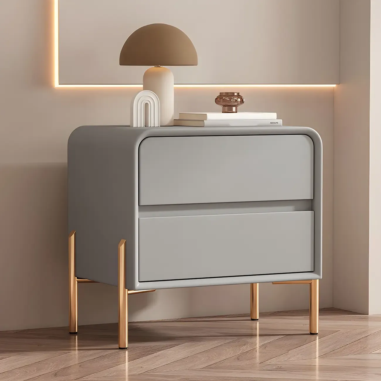 Morandi Short Leather Wood 2 Tiers Nightstand with Legs Image - 10