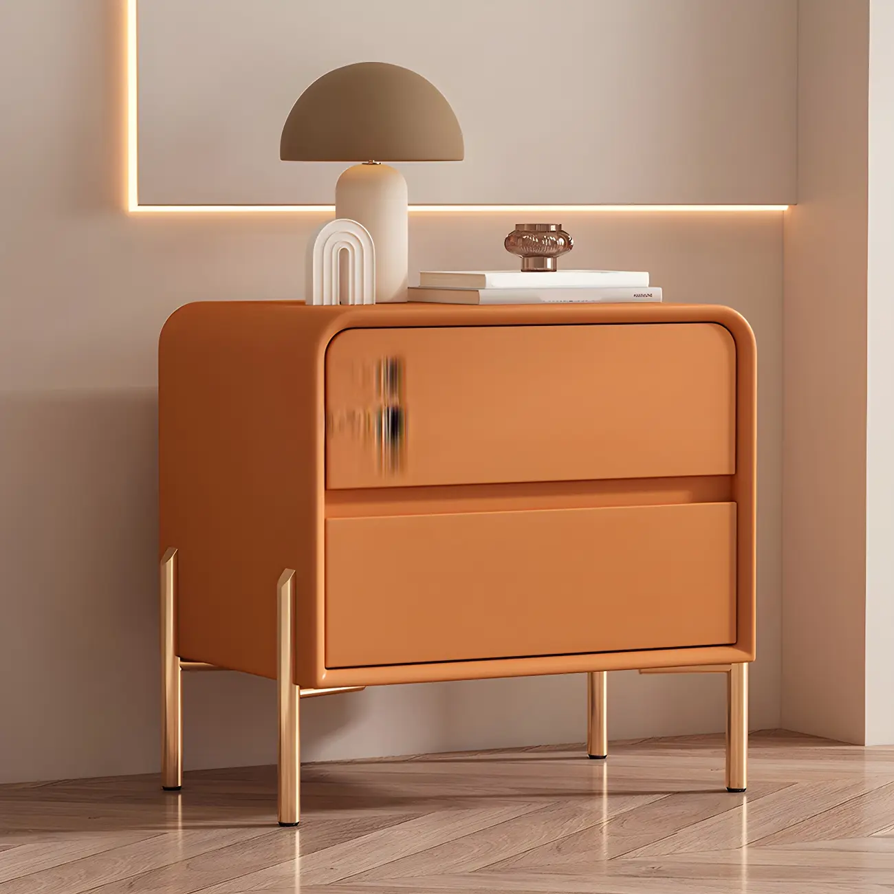 Morandi Short Leather Wood 2 Tiers Nightstand with Legs Image - 9 | homeyfad