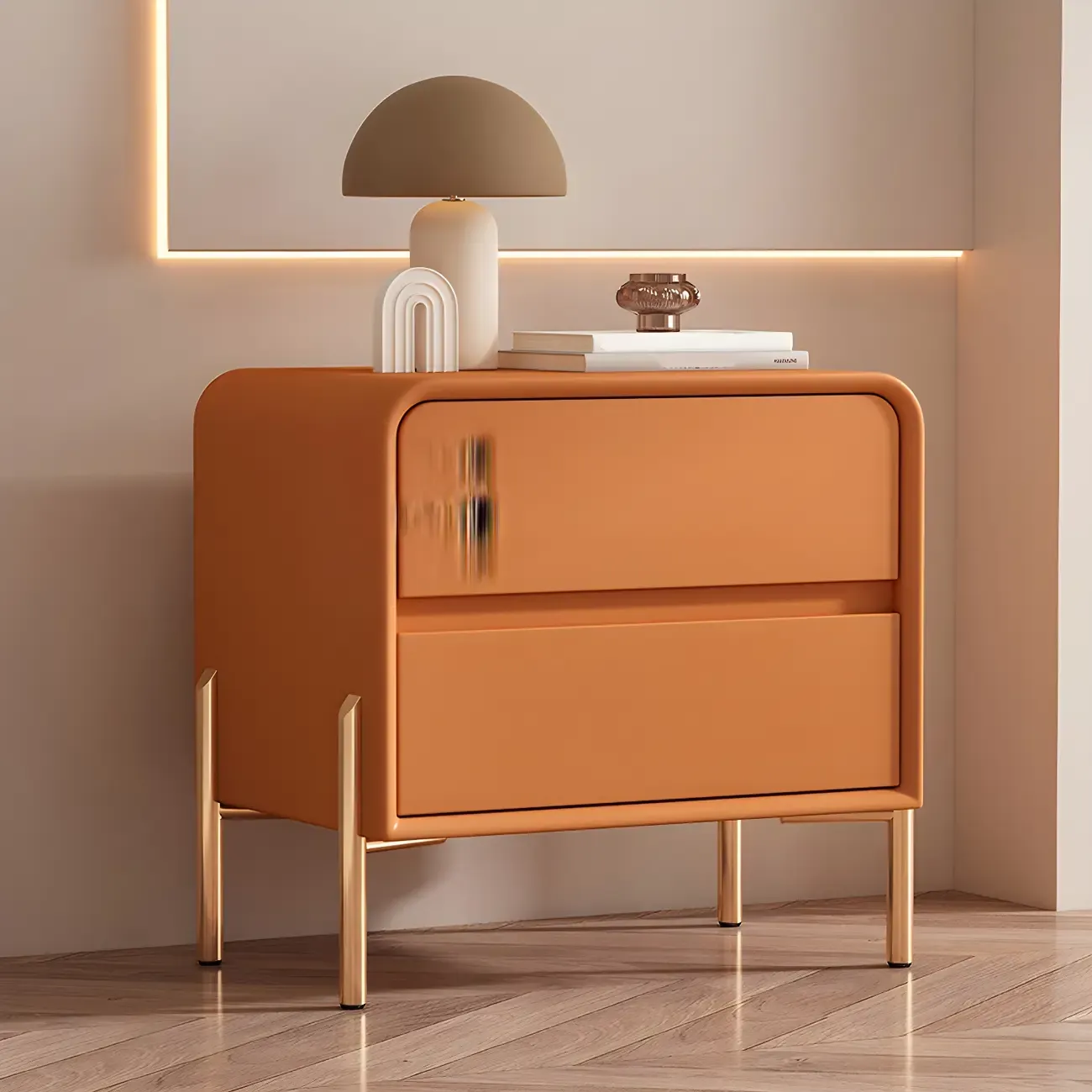 Morandi Short Leather Wood 2 Tiers Nightstand with Legs Image - 9