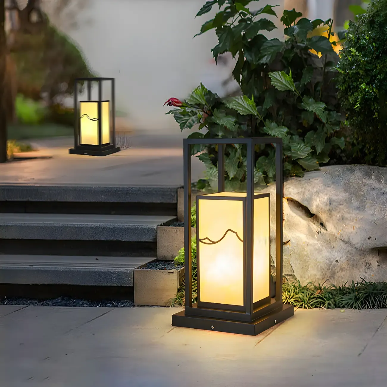 Black Metal Glass Geometric Post Cap Light Image - 13
