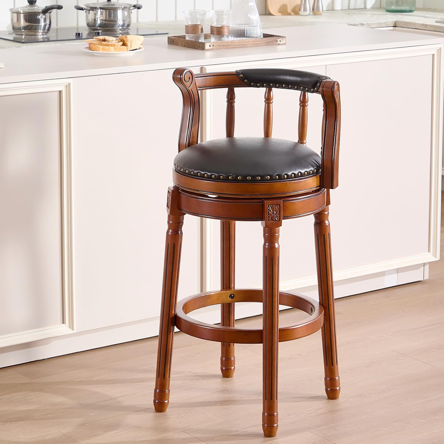 Swivel Counter Height Bar Stools in Genuine Leather & Walnut Solid Wood | homeyfad