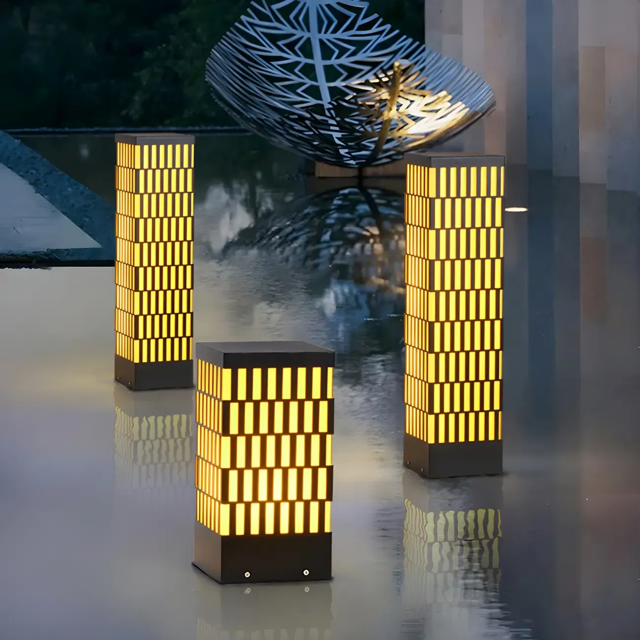 Black Metal Grille Rectangle Warm Light Post Cap Light Image - 1