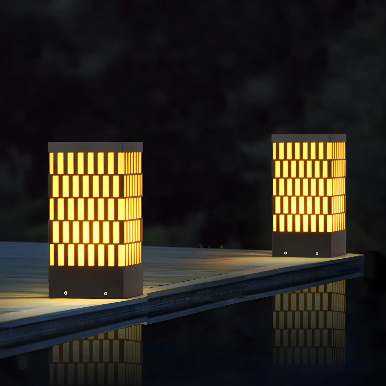 Black Metal Grille Rectangle Warm Light Post Cap Light Image - 2