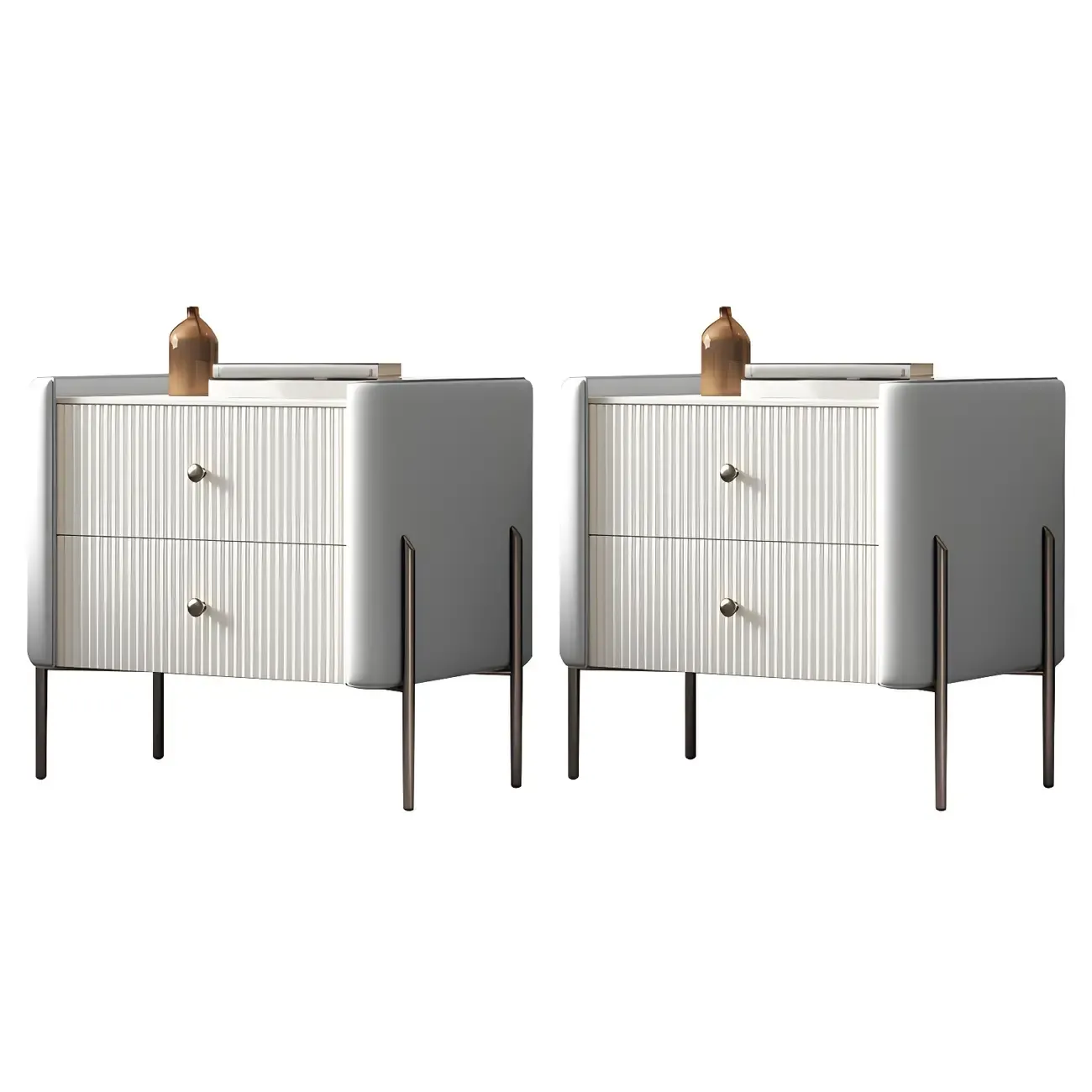 White Wood 2-Tier Drawers Storage Nightstand with Legs Image - 7