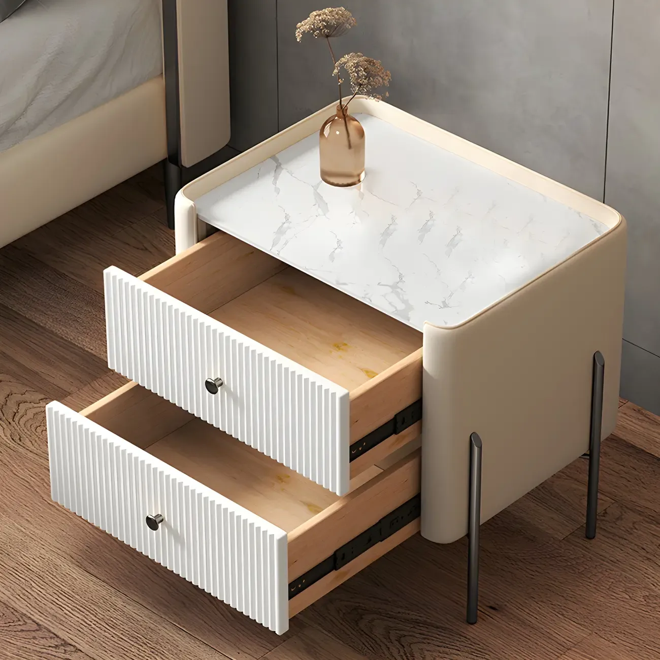 White Wood 2-Tier Drawers Storage Nightstand with Legs Image - 8