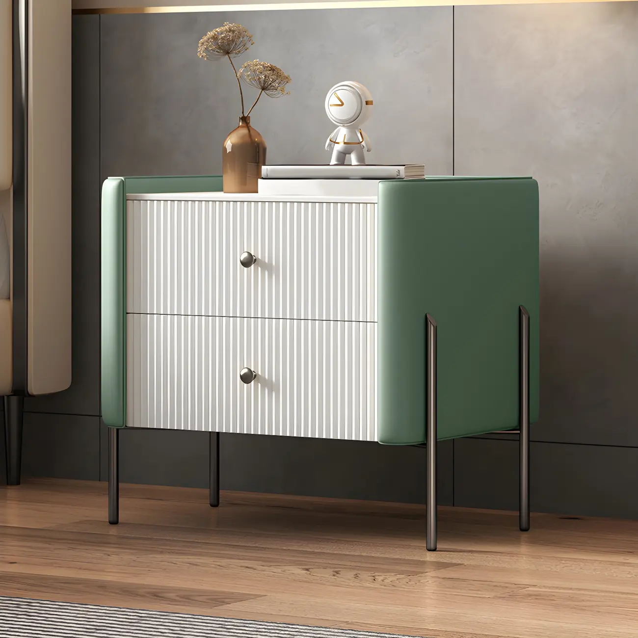 White Wood 2-Tier Drawers Storage Nightstand with Legs Image - 9 | homeyfad