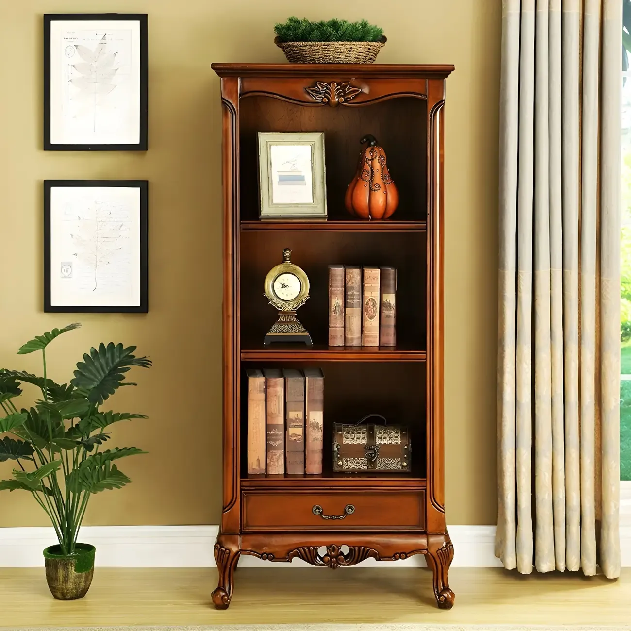 Classic Brown/White Wooden Bookcase with Drawer Image - 1