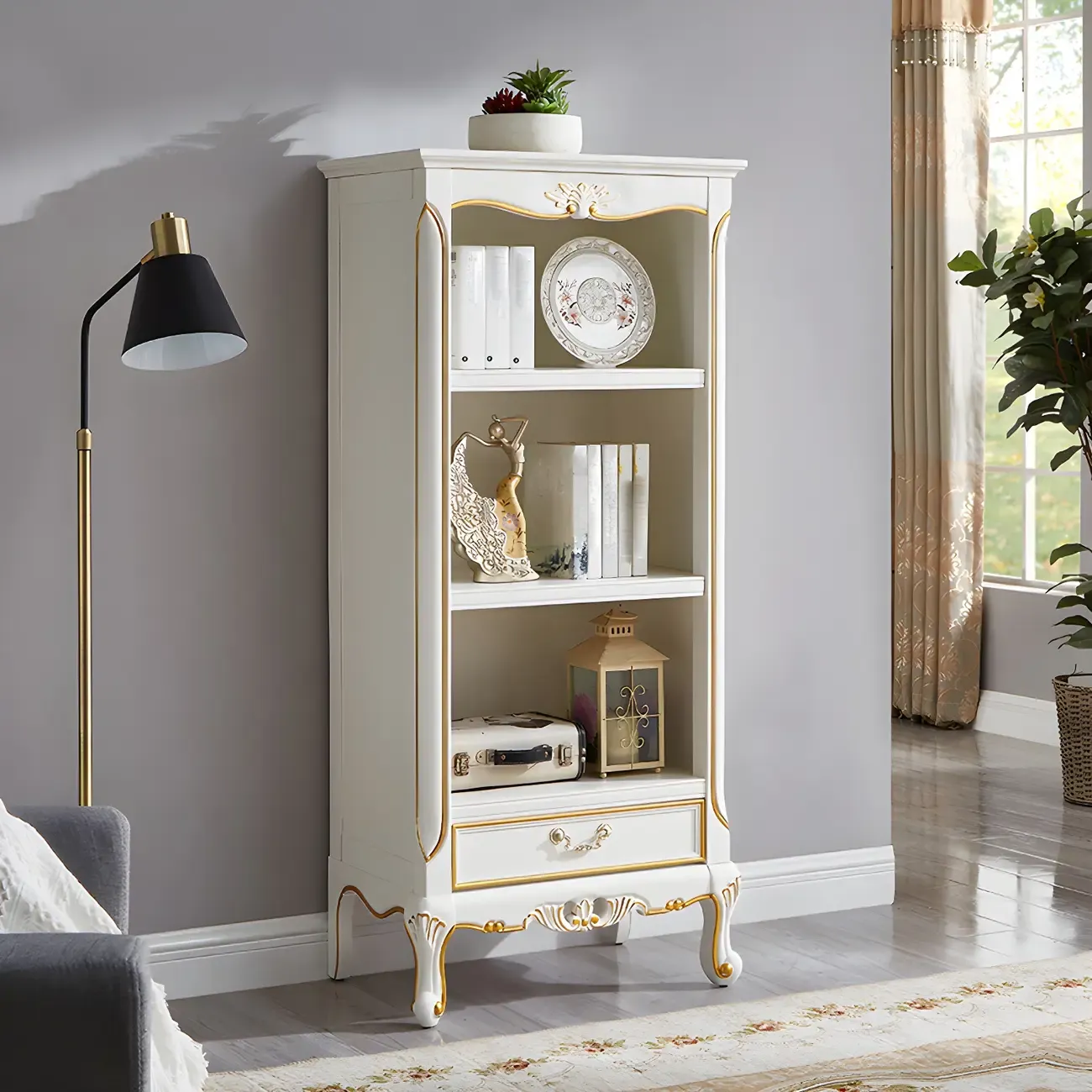 Classic Brown/White Wooden Bookcase with Drawer Image - 2