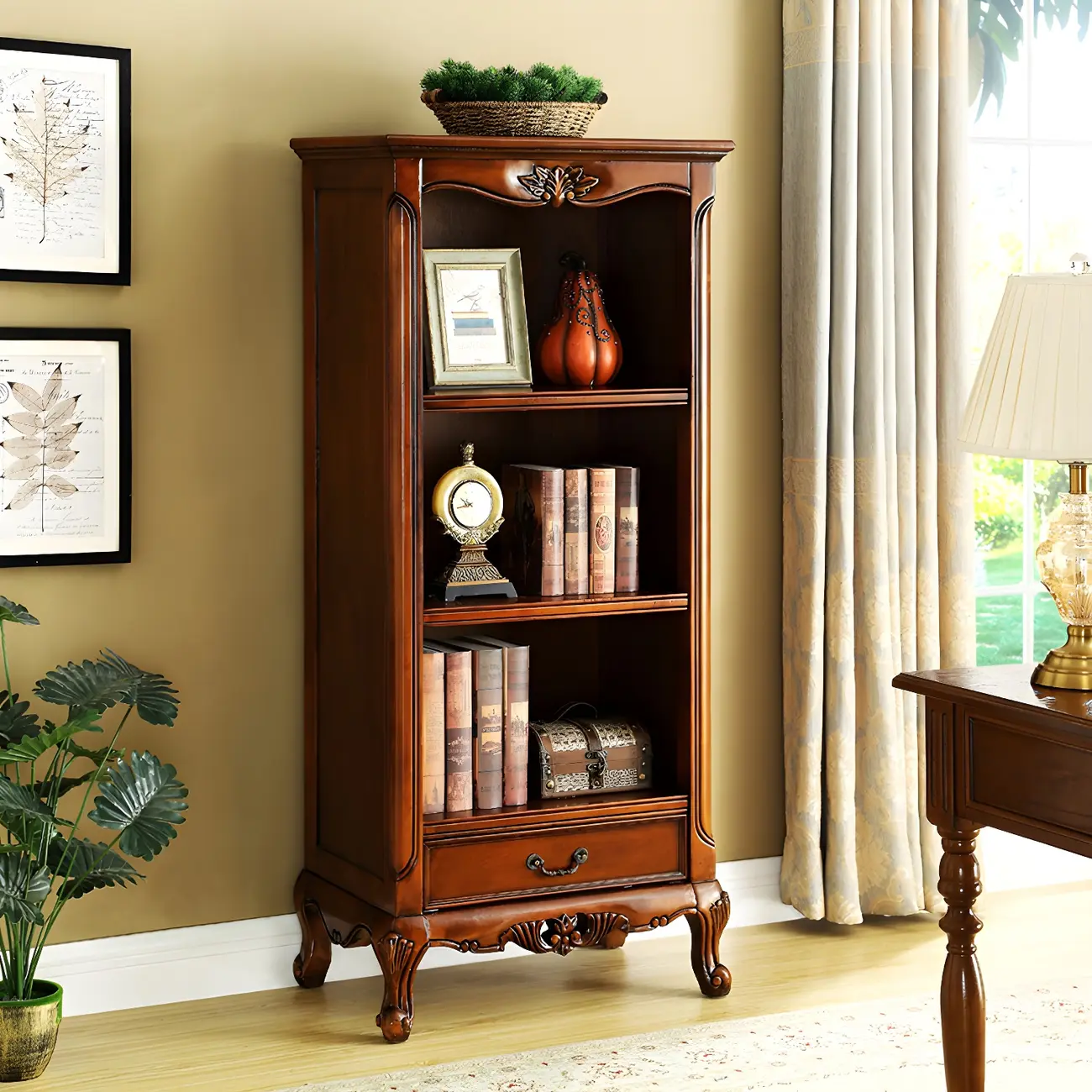 Classic Brown/White Wooden Bookcase with Drawer Image - 3 | homeyfad