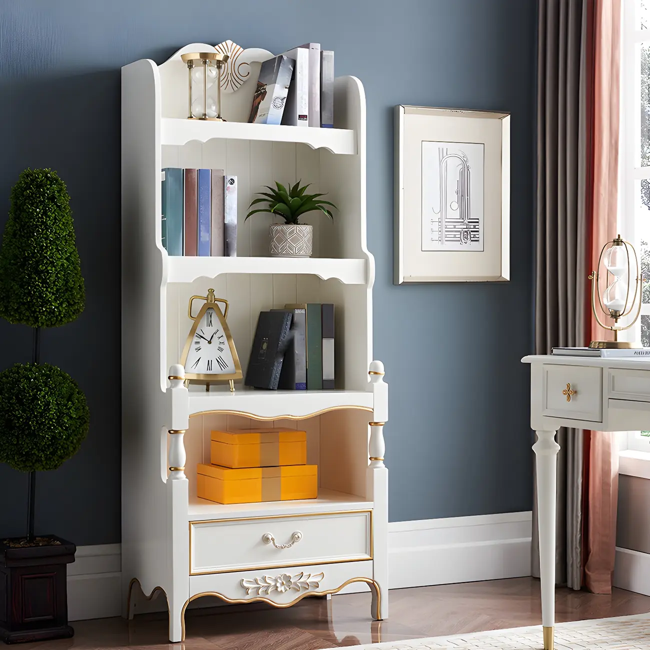 Classic Brown/White Wooden Bookcase with Drawer Image - 5 | homeyfad
