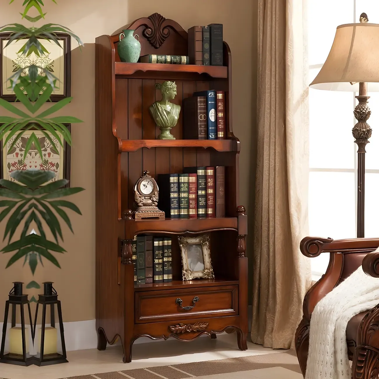 Classic Brown/White Wooden Bookcase with Drawer Image - 7