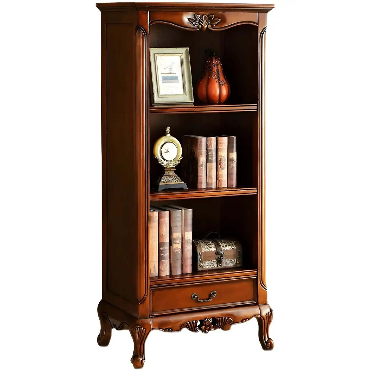 Classic Brown/White Wooden Bookcase with Drawer Image - 9