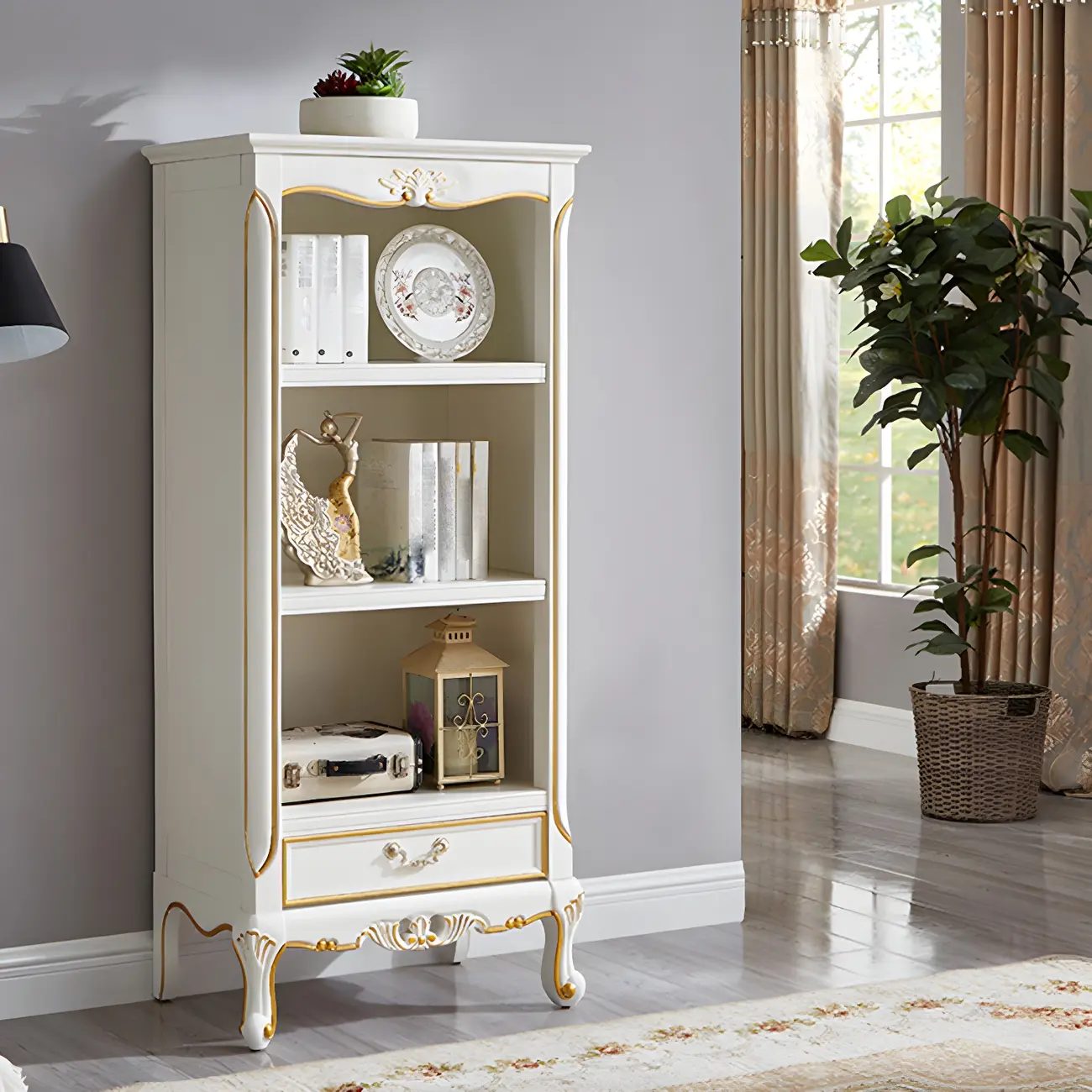 Classic Brown/White Wooden Bookcase with Drawer Image - 15 | homeyfad