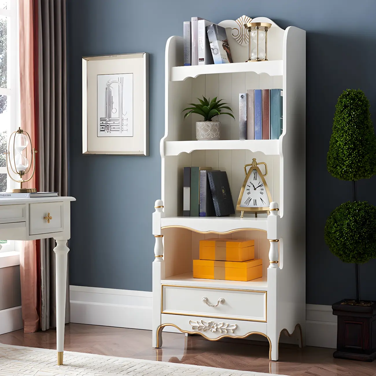 Classic Brown/White Wooden Bookcase with Drawer Image - 17 | homeyfad