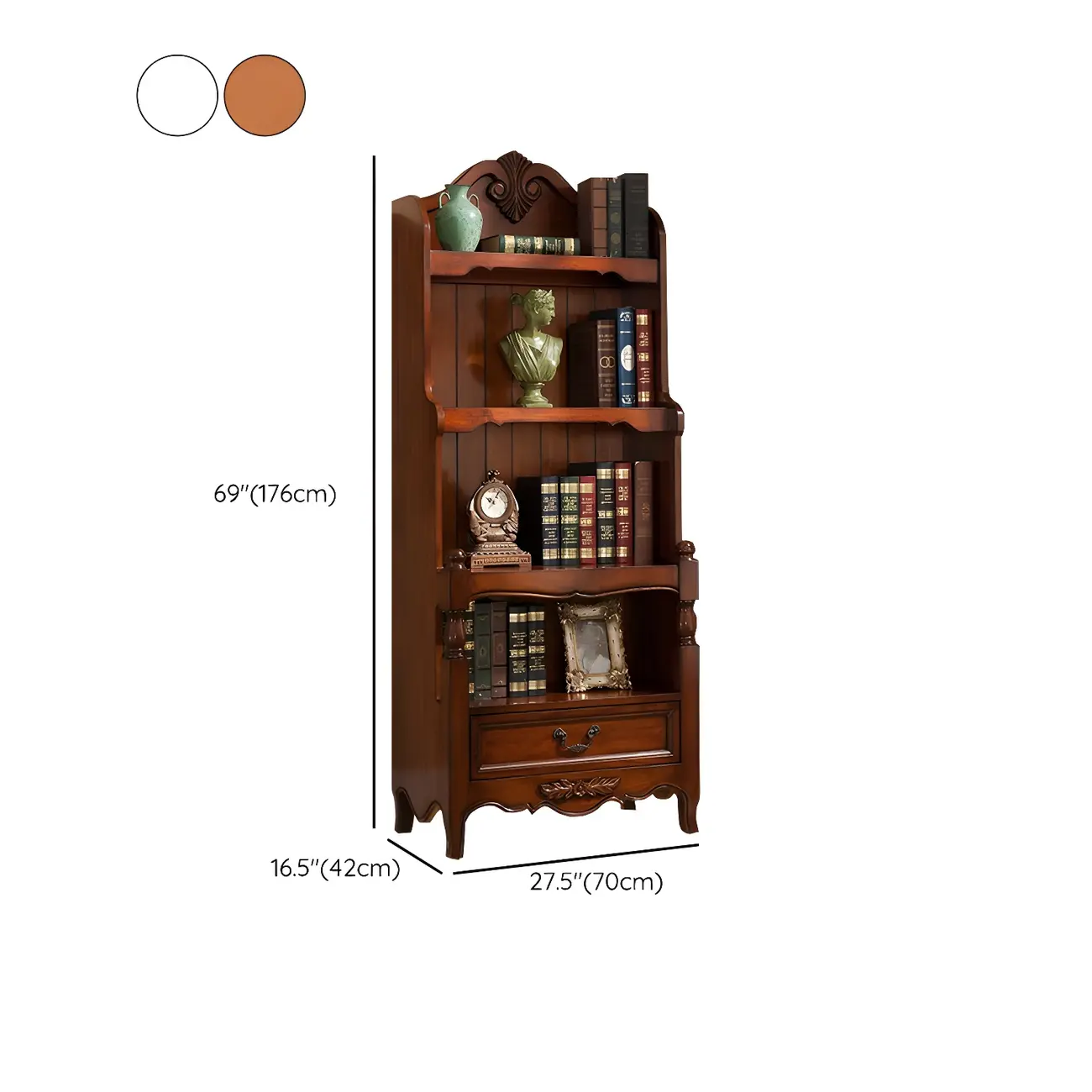 Classic Brown/White Wooden Bookcase with Drawer #size